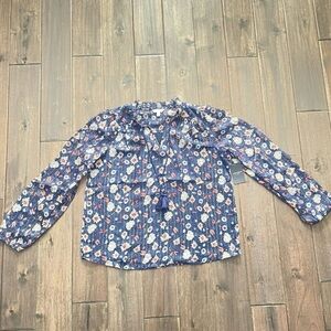 Lucky Brand Blue Floral Tassel Boho Bohemian Blouse S NWT